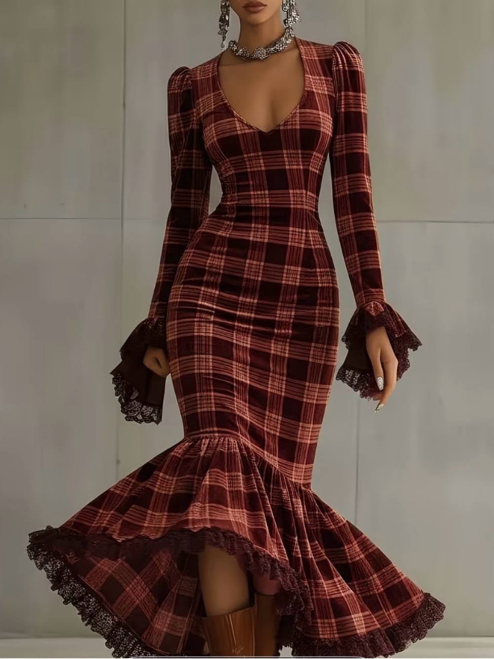 Women’s Elegant Red Plaid Mermaid Midi Dress Long Sleeve Scoop Neck Size M